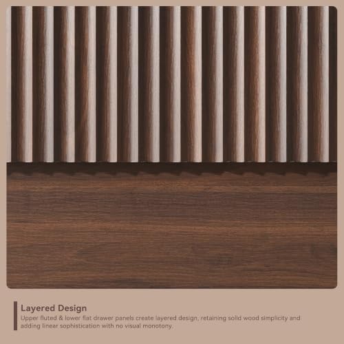 Nightstand Set of 2 Walnut Fluted End Tables with 3 Drawers - 20 Inch Mid-Century Living Room Bed Side Tables
