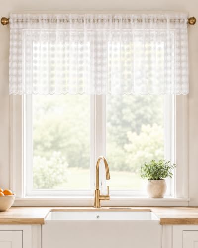 White Gingham Floral Lace Sheer Valance for Windows 52x18 - Light Filtering