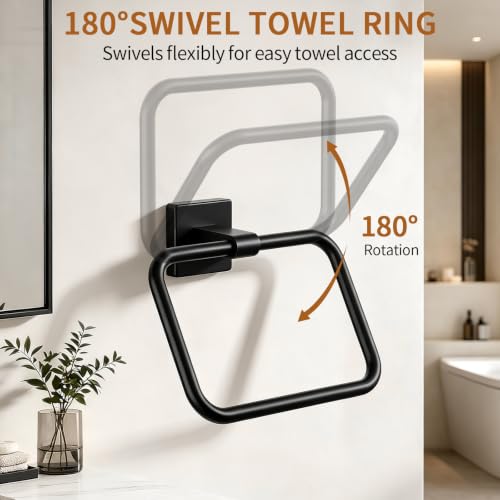 Jesginboo Hand Towel Holder for Bathroom Black 1 Pack Rectangular Wall Mount
