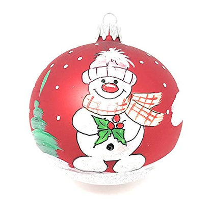 Hand Blown Glass Christmas Ornament Ball - Snowman & Mistletoe Red 3 Inch - Variation of Red / 80mm / 3inch