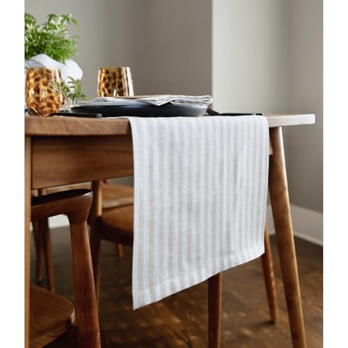 Solino Home Linen Table Runner 14 x 132 in Natural & White Stripes - Handcrafted
