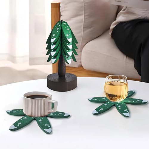 Wood Christmas Coasters Set with Tree Holder, 4 Natural Beech Holiday Drink Protectors