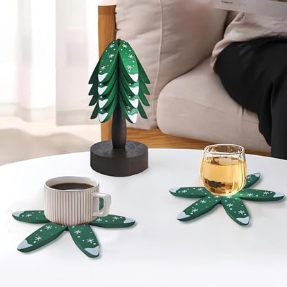 Wood Christmas Coasters Set with Tree Holder, 4 Natural Beech Holiday Drink Protectors