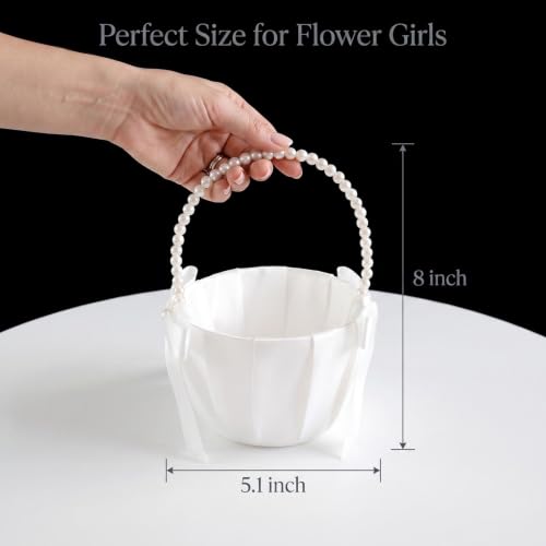 2 Pack Ivory Flower Girl Baskets for Wedding with Pearl Bow Handles