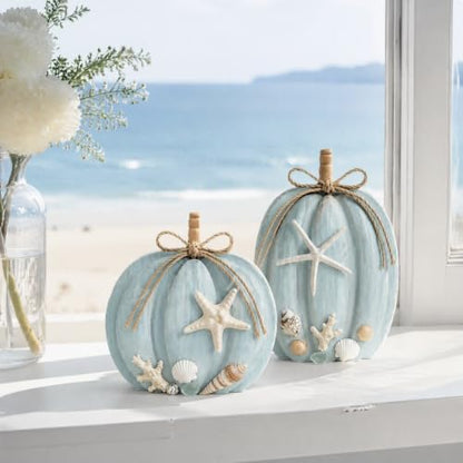 2-Pack Coastal Wooden Pumpkin Decor with Starfish & Shell Accents, 6.69 & 5.91 Inches