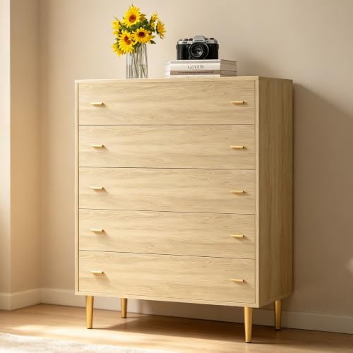 5-Drawer Dresser for Bedroom, 44" Wide, Natural Wood Grain with Gold Handles (31.5"D x 15.6"W x 43.2"H) — 5 Deep Drawers