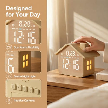 Wood Grain House-Shaped LED Alarm Clock with Night Light - GDQ