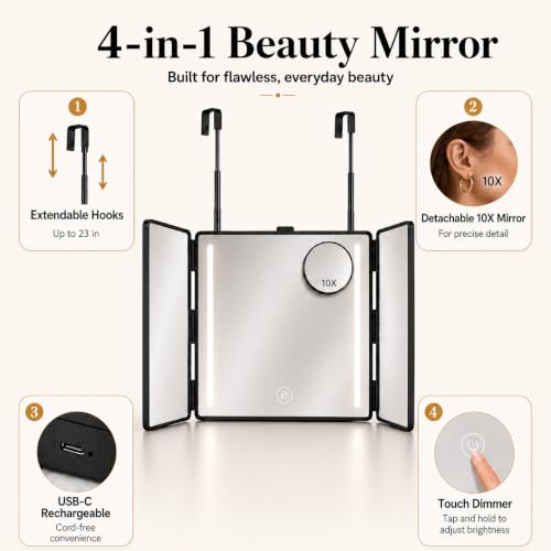 3 Way Makeup & Hair Styling Mirror with 10X Magnifier, LED Lighting, Adjustable Hooks