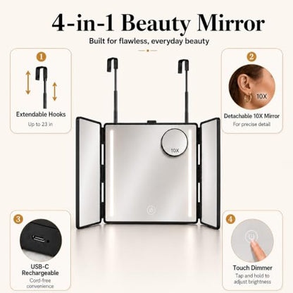 3 Way Makeup & Hair Styling Mirror with 10X Magnifier, LED Lighting, Adjustable Hooks