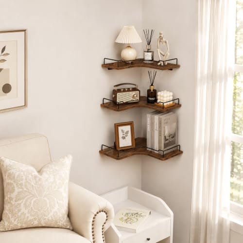L-Shaped Corner Floating Wall Shelves Set of 3 Rustic Brown Wall Mounts with Guardrails