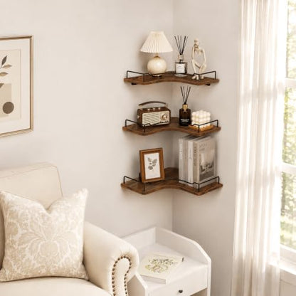 L-Shaped Corner Floating Wall Shelves Set of 3 Rustic Brown Wall Mounts with Guardrails