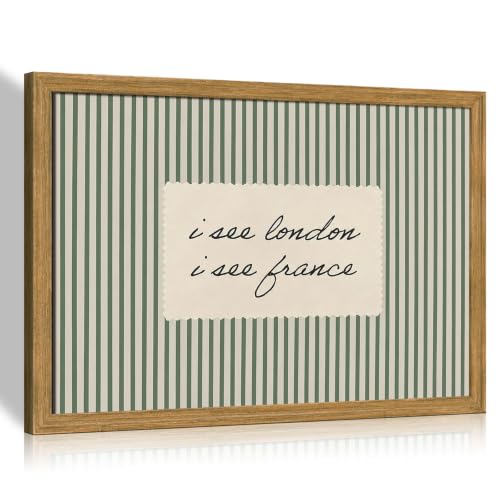 I See London I See France Wall Art - Vintage Bathroom Quote Framed 12x16in - Green Striped Design with Wooden Frame