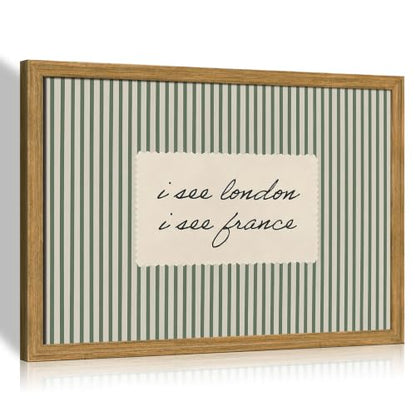 I See London I See France Wall Art - Vintage Bathroom Quote Framed 12x16in - Green Striped Design with Wooden Frame