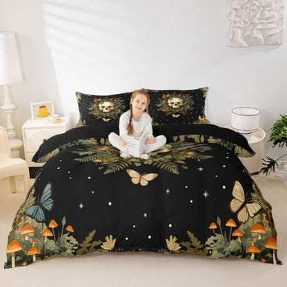 Gothic Skull Duvet Cover Set Queen Size Halloween Bedding - No Comforter, Black Green
