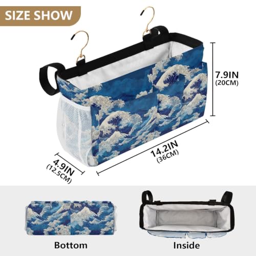 Deep Blue Sea Waves Bedside Caddy Organizer Hanging with 6 Pockets for Dorm Bed Bunk Rooms