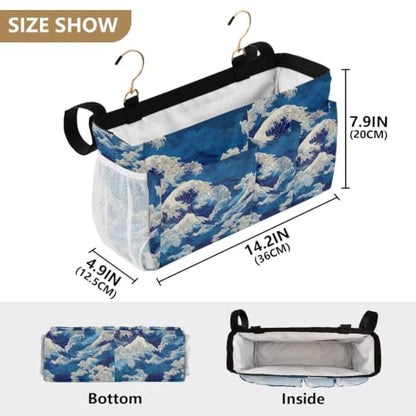 Deep Blue Sea Waves Bedside Caddy Organizer Hanging with 6 Pockets for Dorm Bed Bunk Rooms