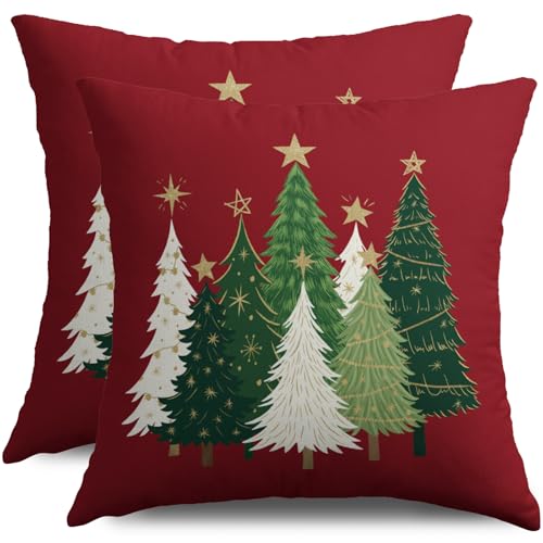 20x20 Christmas Pillow Covers Set of 2 Dark Red Xmas Tree Decor - Cotton Linen