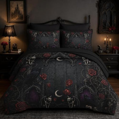 Gothic Skull Comforter Set - Queen Size Bedding with Pillows & Sheets - Variation: Gothic Gargoyle