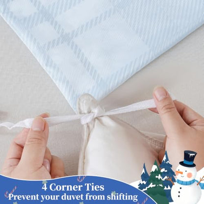 King Size Christmas Snowman Duvet Cover Set with Pillow Shams - Reversible Plaid Holiday Bedding, Blue Variation