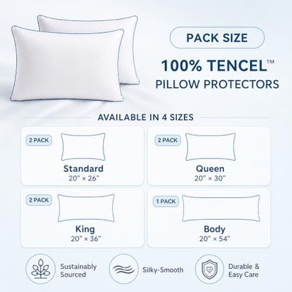 White King Size Tencel Lyocell Pillow Protector 2 Pack with Zipper - Hypoallergenic & Cool
