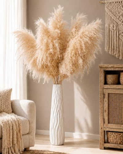 10Pcs 40-Inch Faux Pampas Grass with 22.8-Inch White Floor Vase - Boho Home Decor