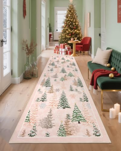 Christmas Runner Rug Pink 2ft x 6ft Washable Hallway Area Rug - Festive Non Slip Mat