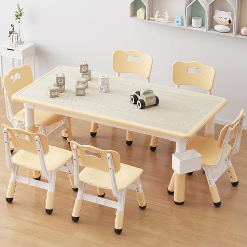 IDEALHOUSE Kids Activity Table with 6 Chairs Set - Natural Finish, Height Adjustable, Safe & Easy to Clean