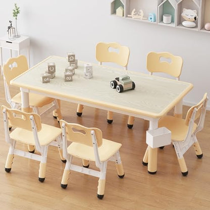 IDEALHOUSE Kids Activity Table with 6 Chairs Set - Natural Finish, Height Adjustable, Safe & Easy to Clean