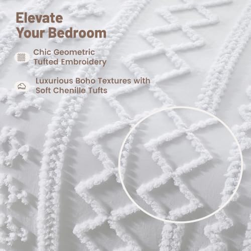 Queen Boho Duvet Cover Set with Tufted Geometric Texture - White