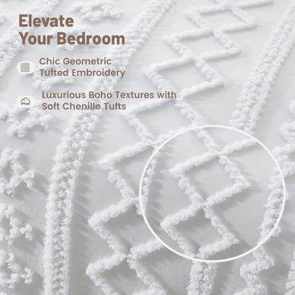 Queen Boho Duvet Cover Set with Tufted Geometric Texture - White