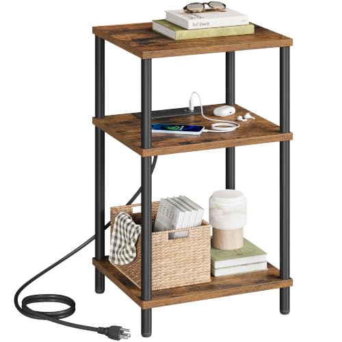 VASAGLE Rustic Brown & Ink Black 3-Tier Side Table with Charging Station