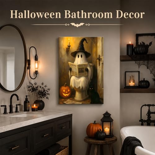 Halloween Ghost Bathroom Canvas Wall Art 8x12 Inches - Spooky Toilet Scene - Dark Halloween Home Decor - Pictures15