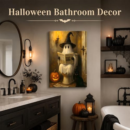 Halloween Ghost Bathroom Canvas Wall Art 8x12 Inches - Spooky Toilet Scene - Dark Halloween Home Decor - Pictures15