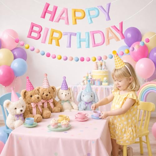 Pastel Rainbow Happy Birthday Banner Set with Party Hats - Soft Colors