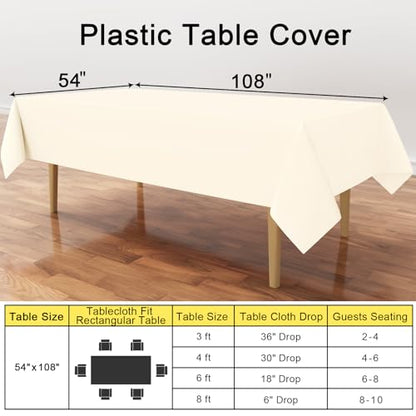 smiry Disposable Table Cloth 6 Pack, 54 x 108 Inch Table Cloths for Parties, Decorative Tablecloths for Rectangle Tables, Waterproof Plastic Table Cover, Leakproof & Sturdy, Beige