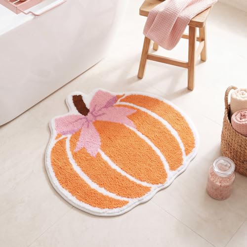 Fall Pumpkin Bath Rug with Pink Bow - Non Slip 23 Inch Bathroom Mat