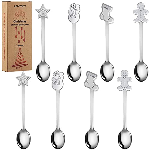 Christmas Stainless Steel Spoons Set - 8 Pieces with Holiday Patterns, Gift & Stocking Fillers