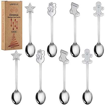 Christmas Stainless Steel Spoons Set - 8 Pieces with Holiday Patterns, Gift & Stocking Fillers