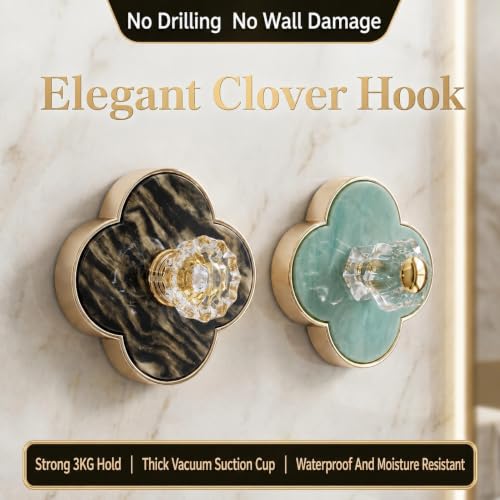 Decorative Clover Shower Hooks 4 Pack - Gold Marble No Drill Bathroom Towel Hangers, Removable Wall Mounts, Style 1