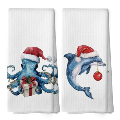Christmas Dolphin Octopus Kitchen Dish Towels Set of 2 - Coastal Decor