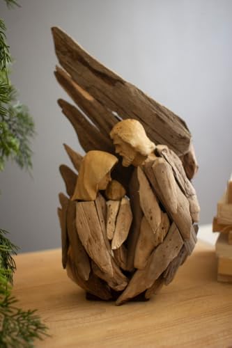 Driftwood Holy Family Nativity Figurine with Protective Wing - Rustic Religious Decor