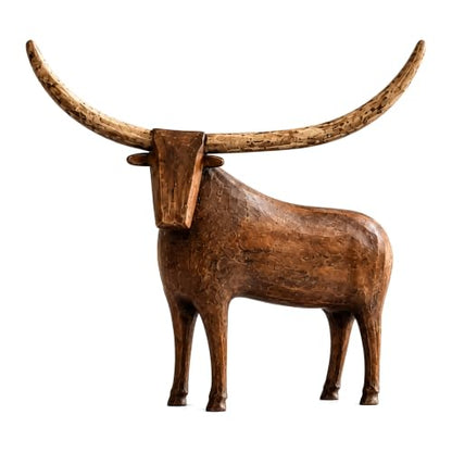 Rustic Longhorn Bull Sculpture - Hand-Carved Farmhouse Animal Figurine
