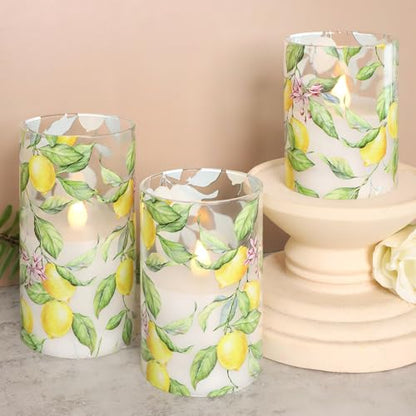 Lemon Glass Flameless Candles with Remote & Timer - Lemon Tree Variation - Battery Operated LED Flicker Pillar Candles for Home Decor, Kitchen, Holiday