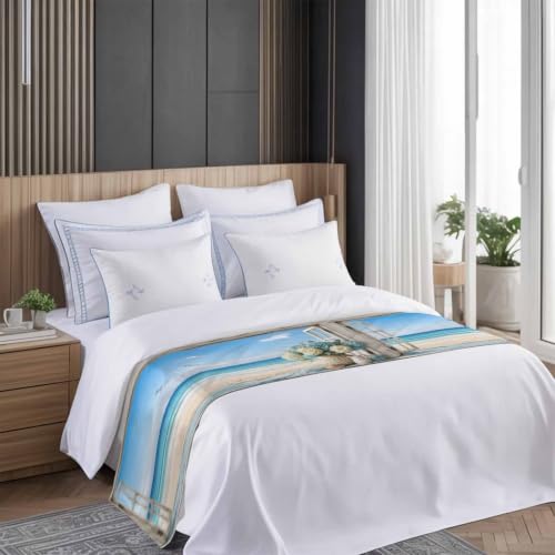 Blue Coastal Bed Runner for King Size Bed - 94x20 Inch Reversible Decorative Bed Throw Scarves