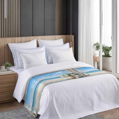 Blue Coastal Bed Runner for King Size Bed - 94x20 Inch Reversible Decorative Bed Throw Scarves