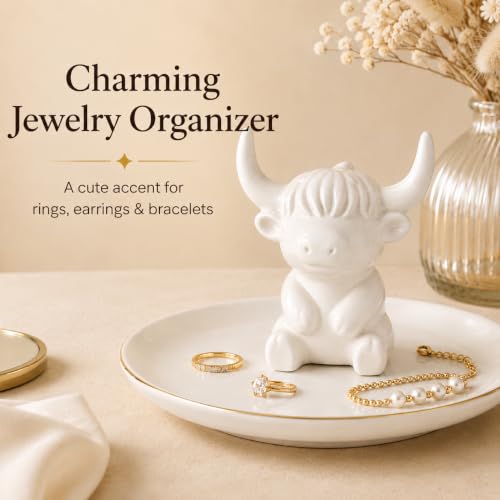 Highland Cow Jewelry Dish - White Ceramic Ring Holder & Trinket Tray
