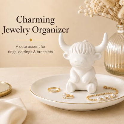 Highland Cow Jewelry Dish - White Ceramic Ring Holder & Trinket Tray