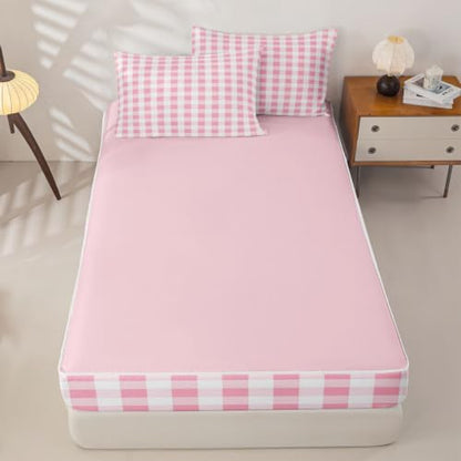 Kids Comforter Set Twin Size Pink Checkered Geometric Grid Bedding Set with Zipper