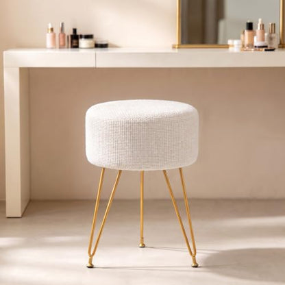 DUMOS Velvet Vanity Stool - Beige Small Round Ottoman Foot Rest