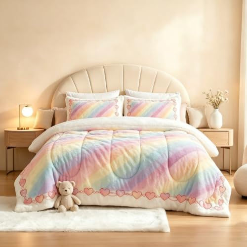 Rainbow Plush Comforter Set Queen Size Fluffy Bedding for Girls - Rainbow 01